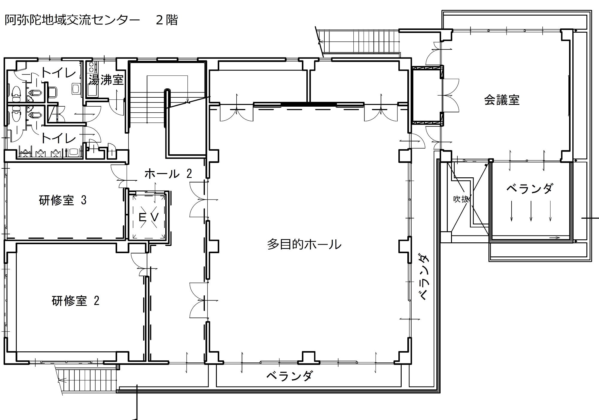 阿弥陀地域交流センターの2階配置図です。多目的ホール、会議室、研修室2、研修室3があります。