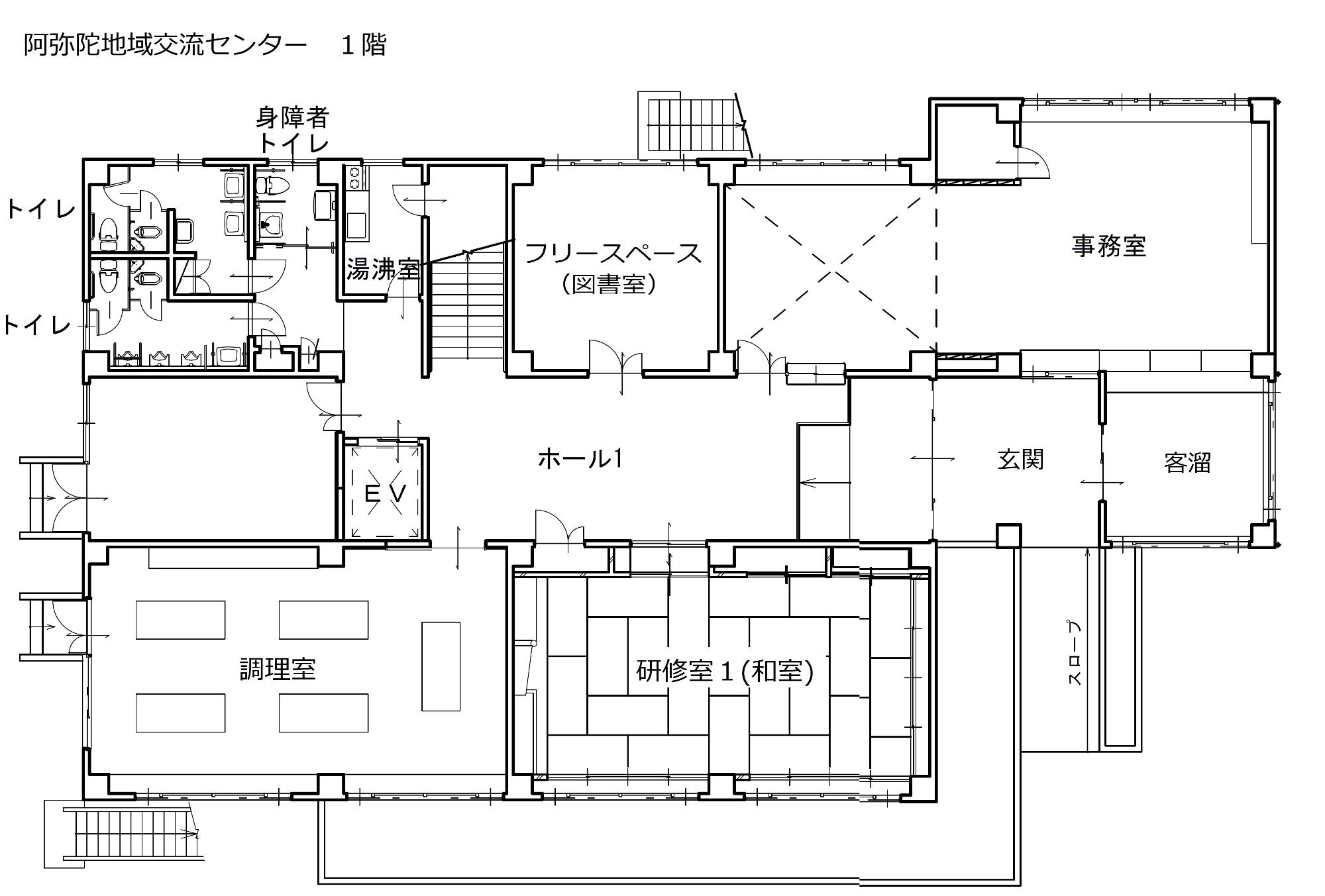 阿弥陀地域交流センターの1階配置図です。事務室、研修室1(和室)、調理室、フリースペースがあります。