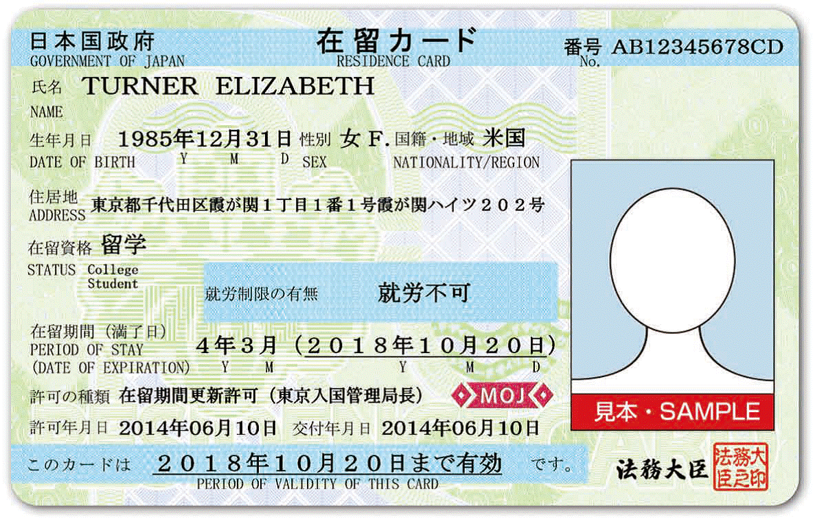 うぐいす色の背景で左端に顔写真のシルエットが記載された在留カードの表面の見本
