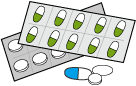 カプセルの薬や錠剤が並んだイラスト