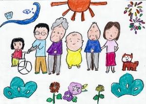 「高砂市の10年後」をテーマとして高砂市内の小学生が描いた「明るいまち」というタイトルの絵画