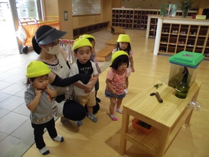 机の上を歩くクワガタを観察する子供たちの写真