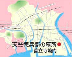善立寺境内の天竺徳兵衛の墓所の地図