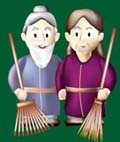 くまでとほうきを持ったおじいさんとおばあさんのイメージ