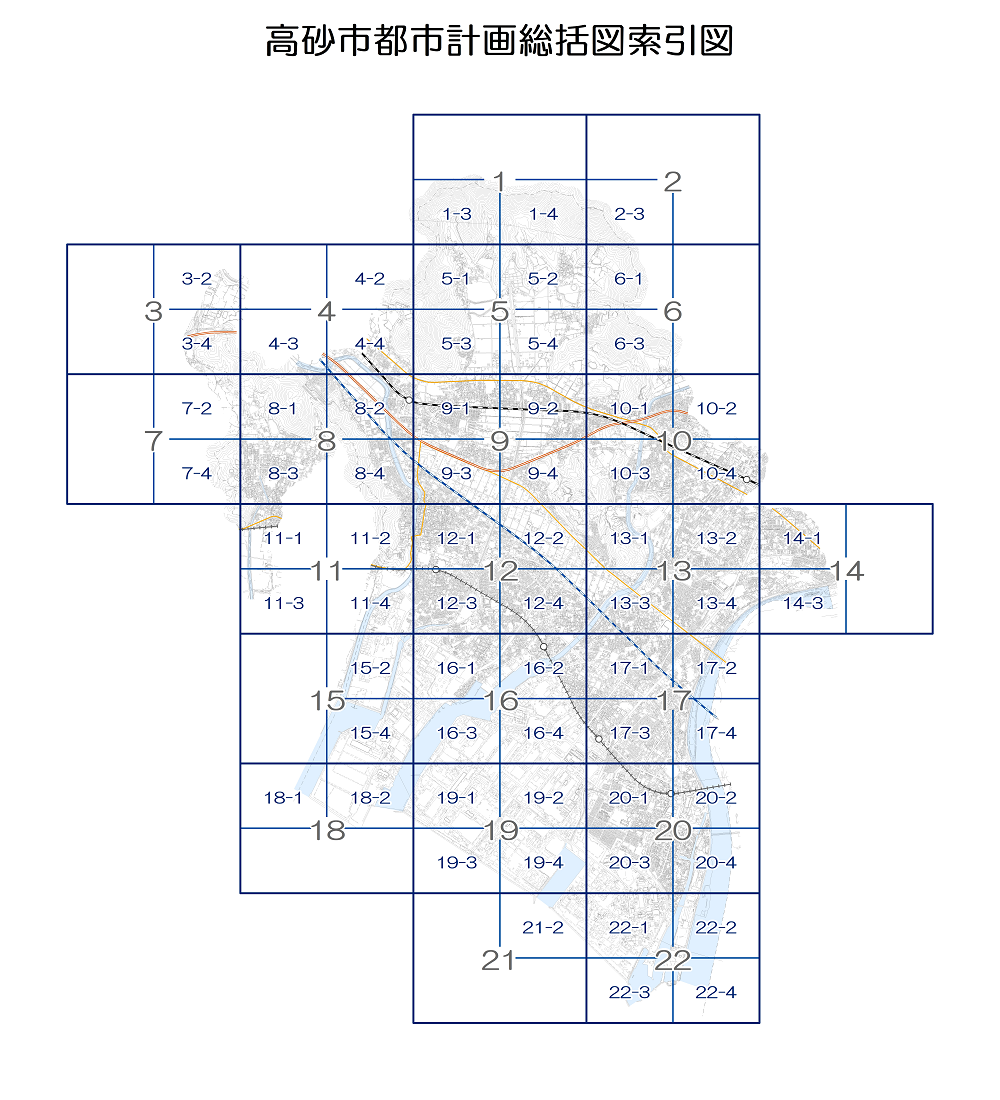 22の区画とさらに区画内を4つの詳細図に分けられた高砂市都市計画総括図索引図