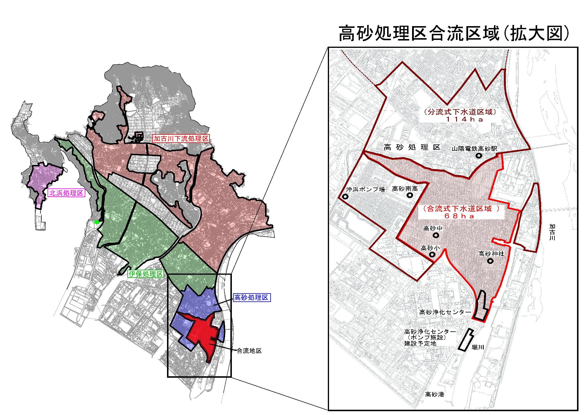 高砂市全域の地図内に合流式下水道区域が拡大され赤い枠線で示されている地図