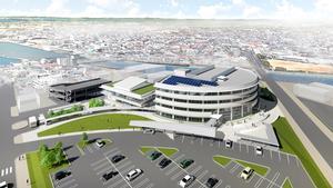 前方に駐車場、中方に高砂市新庁舎、後方に高砂市をおいた鳥瞰イメージ画像