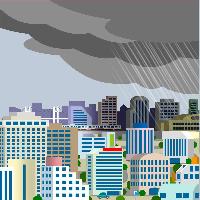 雲の接近によって辺りが暗くなり、雨が降り出す様子のイメージイラスト