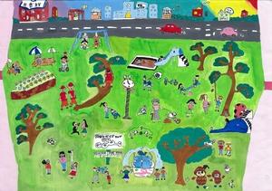 「高砂市の10年後」をテーマとして高砂市内の小学生が描いた「まどから見える高砂の未来」というタイトルの絵画