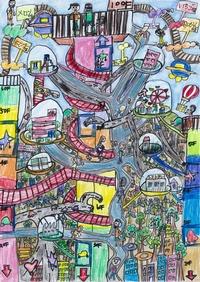 「高砂市の10年後」をテーマとして高砂市内の小学生が描いた「楽しいみらいのビル」というタイトルの絵画