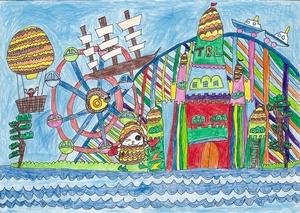 「高砂市の10年後」をテーマとして高砂市内の小学生が描いた「TBL（高砂ぼっくりんランド）」というタイトルの絵画