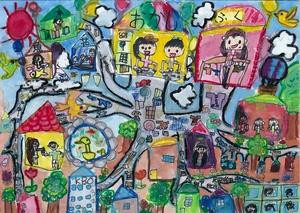 「高砂市の10年後」をテーマとして高砂市内の小学生が描いた「そらのおみせからパイプでながれてきておかいもん」というタイトルの絵画