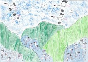 「高砂市の10年後」をテーマとして高砂市内の小学生が描いた「自然がいっぱいコウノトリがいっぱい」というタイトルの絵画