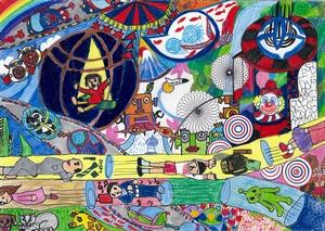 「高砂市の10年後」をテーマとして高砂市内の小学生が描いた「未来の高砂」というタイトルの絵画