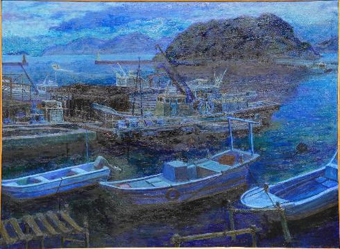 高砂市美術展2024洋画の部で大賞を受賞した作品。赤穂市の坂越の港が描かれています。