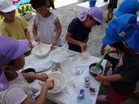 園庭でボウルに入れた石鹸を混ぜたりボウルにアサガオの花びらを入れたりしている5歳児クラスの園児たちの写真