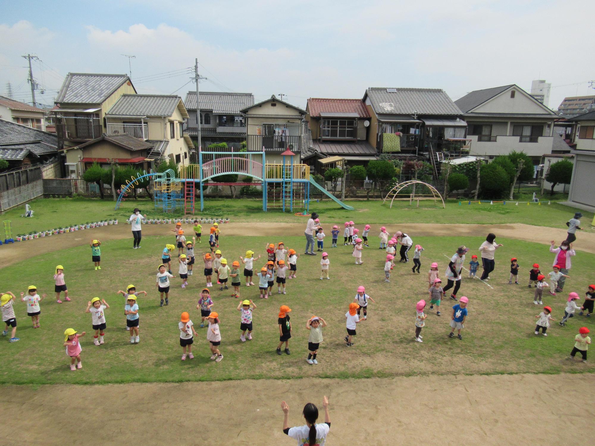 公園で保育園児たちが「わくわく運動遊び」のひとつである「どうぶつたいそう」をしている様子の全体を斜め上から撮影した写真