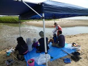干潟の砂地に張った日よけテントの下に広げたブルーシートに座る参加者たちの写真