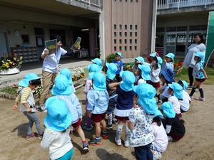 曽根幼稚園の園庭にてゴーヤの花の写真などを両手に持って話をする市の職員と、立ちながらその話を聞く園児たちの写真