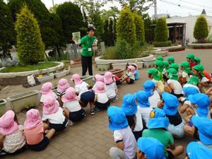 荒井幼稚園の園庭で資料を見せながら緑のカーテンを作ろうの説明をする市の職員と座ってそれを聞く園児たちの写真