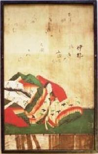 和歌と十二単を来た女性の挿絵が描かれている三十六歌仙扁額札の写真
