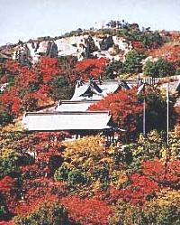満開の紅葉をつける山の斜面に沿って建つ建物たちの写真