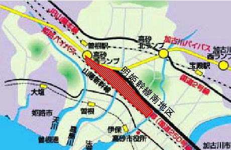 赤く塗られた明姫幹線南地区を中心に周辺の位置関係がわかる地図