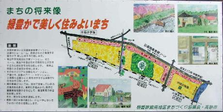 「まちの将来像 緑豊かで美しく住みよいまち」と書かれた明姫幹線南地区のイメージイラストが描かれた看板の写真