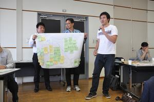 市民ミーティング参加者たちがグループごとに模造紙にまとめた内容を発表する様子の写真