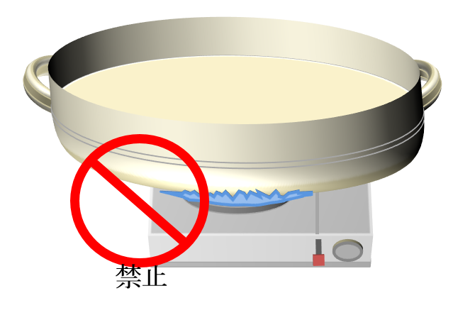 カセットコンロを覆うような鍋が置かれており赤い丸に斜線の描かれたマークとともに禁止と書かれているイラスト