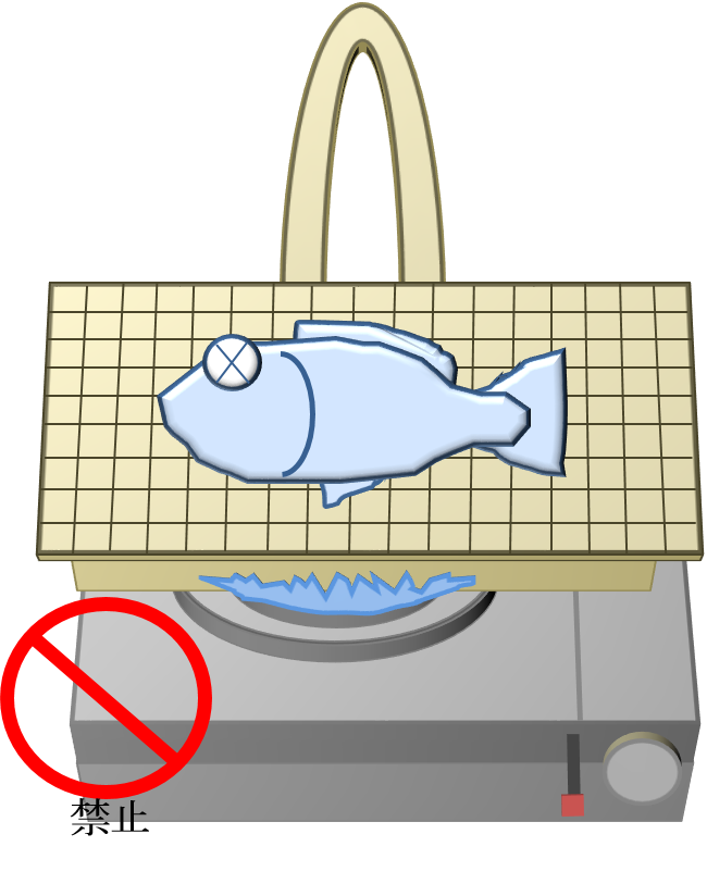 カセットコンロにセラミック付き焼き網を置いて魚を焼いており、赤い丸に斜線の入ったマークとともに禁止と書かれているイラスト