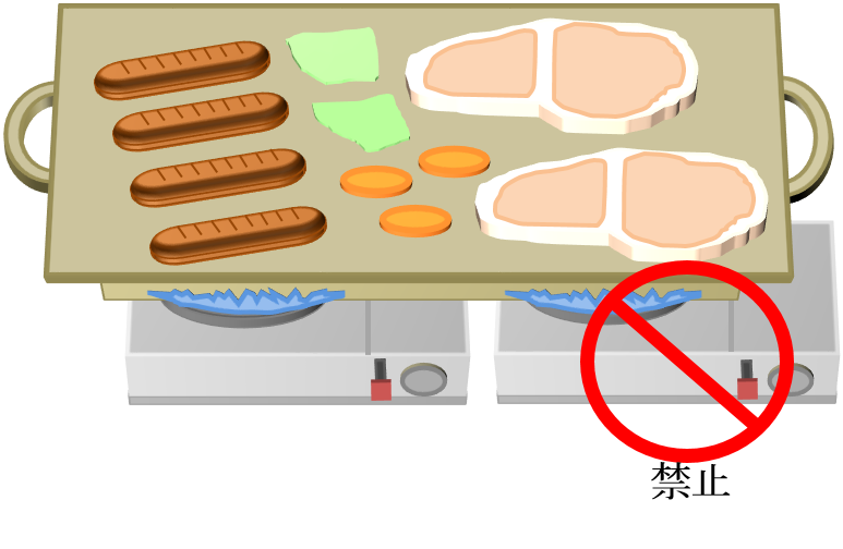 カセットコンロを2台並べた上に鉄板を置いて様々な具材を焼いており、赤い丸に斜線の入ったマークとともに禁止と書かれているイラスト