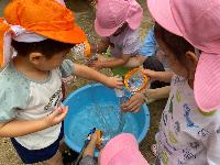 ホースに水を入れて遊んでいるところ