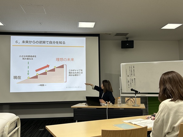 プロジェクターに投影した働き方についての説明をする講師の様子